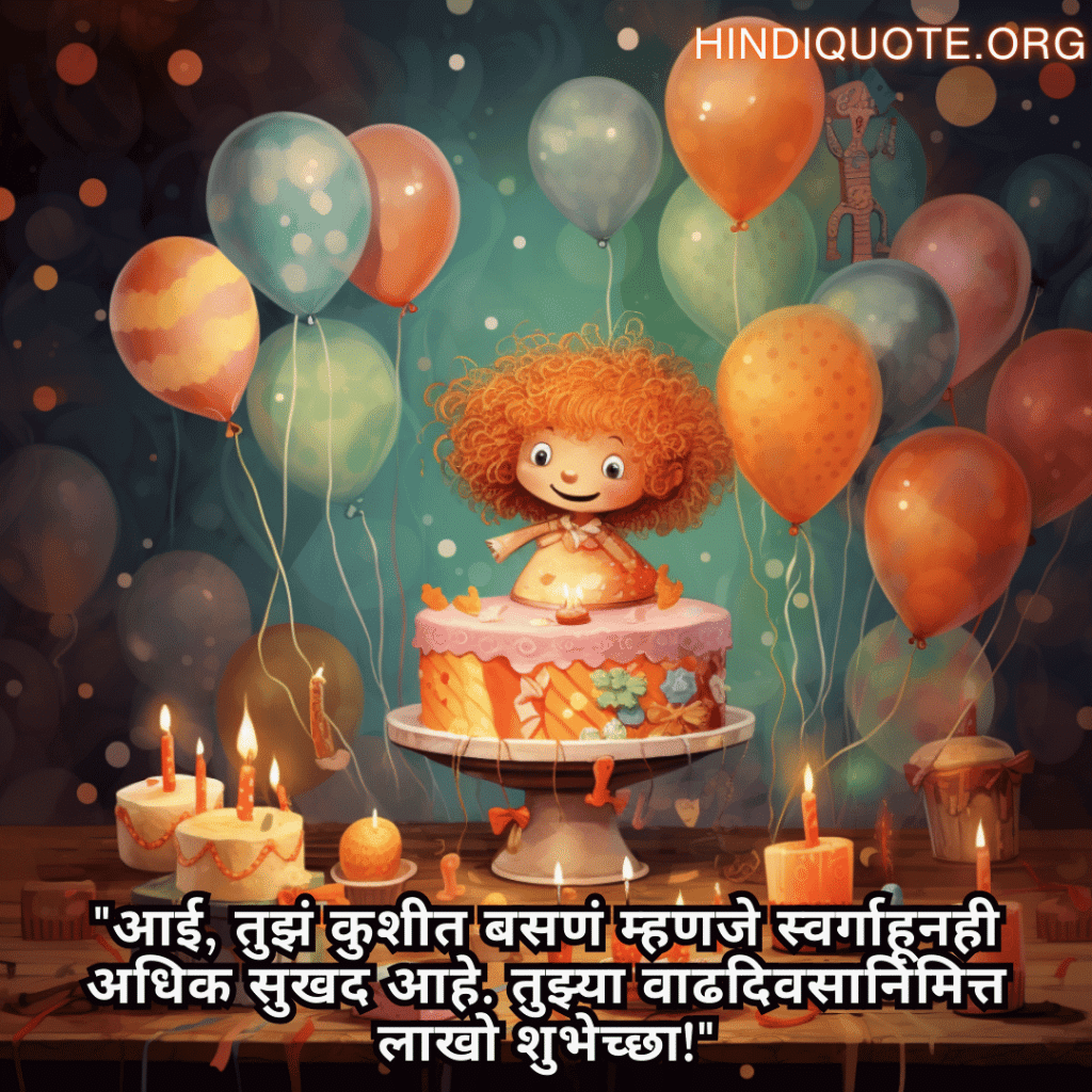 Happy Birthday Wishes In Marathi For Your Mother "आई, तुझं कुशीत बसणं म्हणजे स्वर्गाहूनही अधिक सुखद आहे. तुझ्या वाढदिवसानिमित्त लाखो शुभेच्छा!"