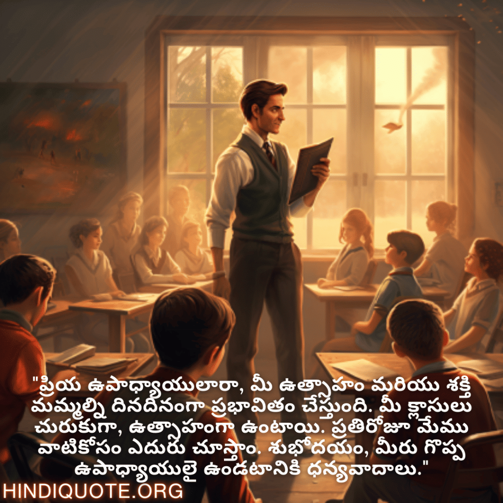 Good morning Quotes In Telugu For Your Teacher "ప్రియ ఉపాధ్యాయులారా, మీ ఉత్సాహం మరియు శక్తి మమ్మల్ని దినదినంగా ప్రభావితం చేస్తుంది. మీ క్లాసులు చురుకుగా, ఉత్సాహంగా ఉంటాయి. ప్రతిరోజూ మేము వాటికోసం ఎదురు చూస్తాం. శుభోదయం, మీరు గొప్ప ఉపాధ్యాయులై ఉండటానికి ధన్యవాదాలు."