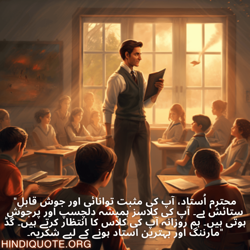 Good morning Quotes In Urdu For Your Teacher "محترم اُستاد، آپ کی مثبت توانائی اور جوش قابلِ ستائش ہے۔ آپ کی کلاسز ہمیشہ دلچسپ اور پرجوش ہوتی ہیں۔ ہم روزانہ آپ کی کلاس کا انتظار کرتے ہیں۔ گڈ مارننگ اور بہترین اُستاد ہونے کے لیے شکریہ۔"