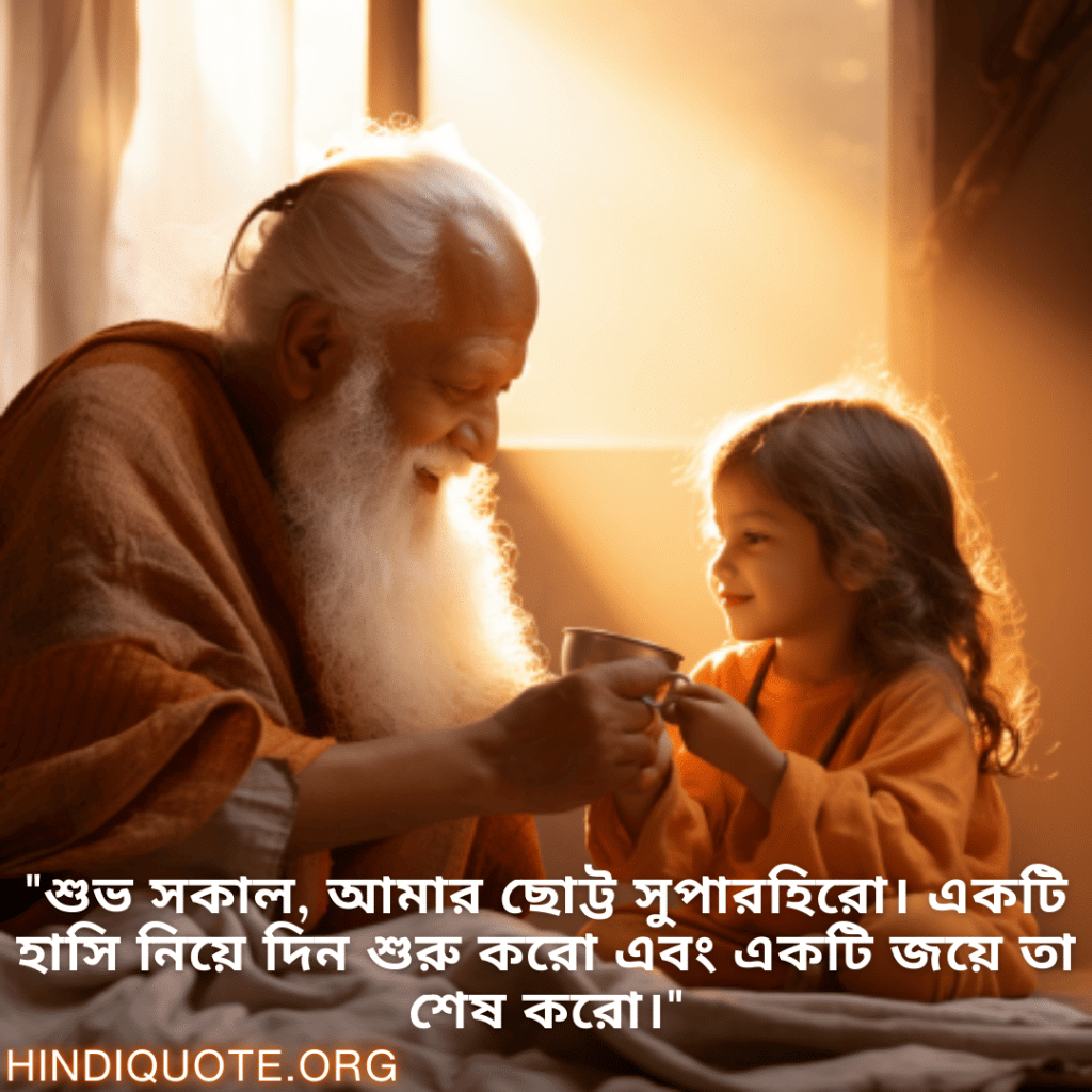 "শুভ সকাল, আমার ছোট্ট সুপারহিরো। একটি হাসি নিয়ে দিন শুরু করো এবং একটি জয়ে তা শেষ করো।"