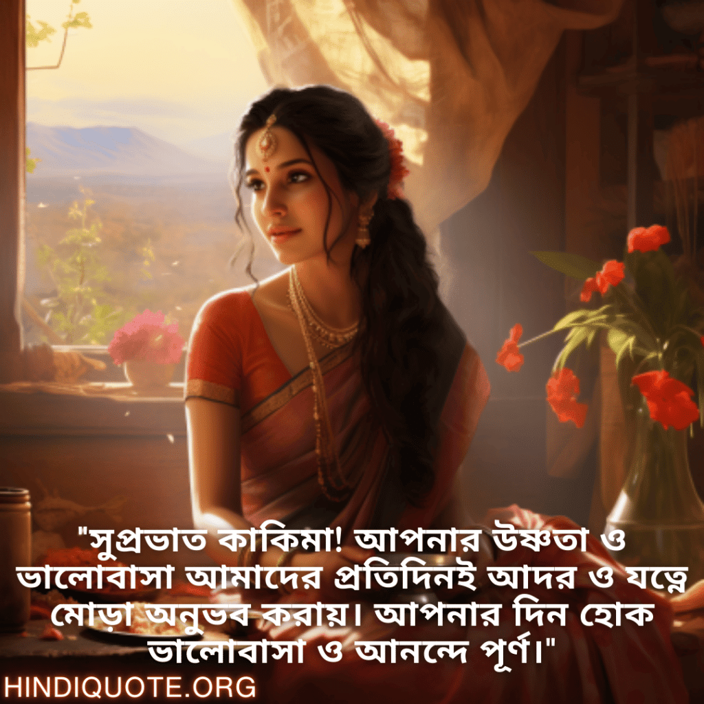 "সুপ্রভাত কাকিমা! আপনার উষ্ণতা ও ভালোবাসা আমাদের প্রতিদিনই আদর ও যত্নে মোড়া অনুভব করায়। আপনার দিন হোক ভালোবাসা ও আনন্দে পূর্ণ।"