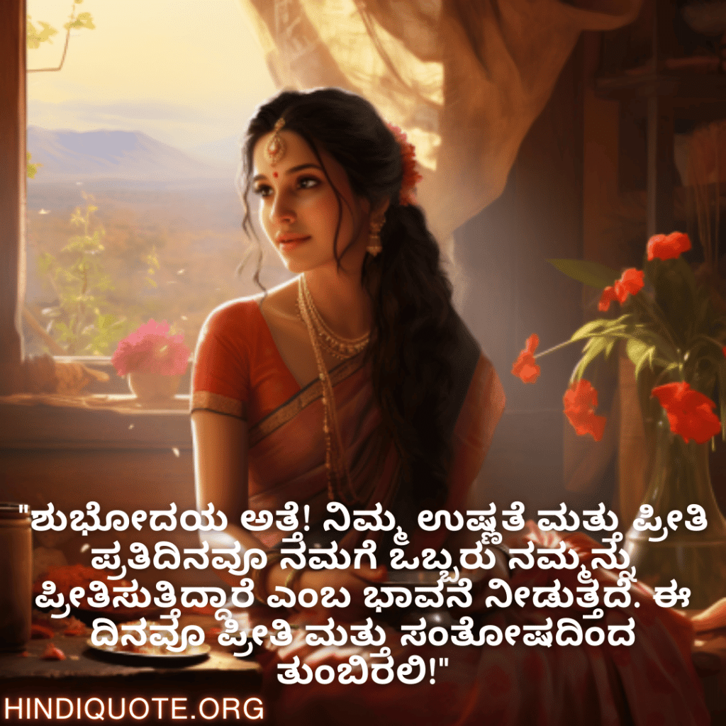"ಶುಭೋದಯ ಅತ್ತೆ! ನಿಮ್ಮ ಉಷ್ಣತೆ ಮತ್ತು ಪ್ರೀತಿ ಪ್ರತಿದಿನವೂ ನಮಗೆ ಒಬ್ಬರು ನಮ್ಮನ್ನು ಪ್ರೀತಿಸುತ್ತಿದ್ದಾರೆ ಎಂಬ ಭಾವನೆ ನೀಡುತ್ತದೆ. ಈ ದಿನವೂ ಪ್ರೀತಿ ಮತ್ತು ಸಂತೋಷದಿಂದ ತುಂಬಿರಲಿ!"