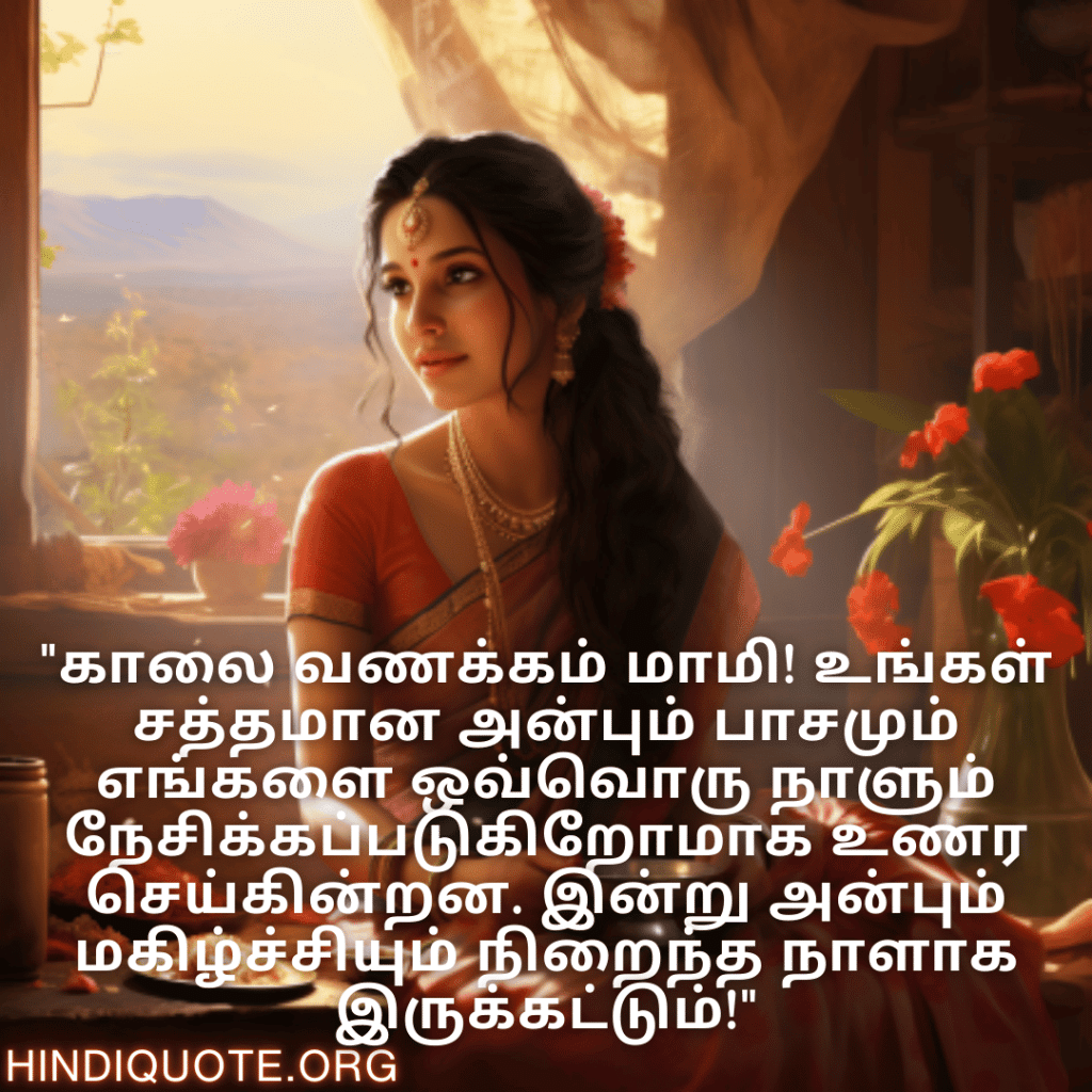 "காலை வணக்கம் மாமி! உங்கள் சத்தமான அன்பும் பாசமும் எங்களை ஒவ்வொரு நாளும் நேசிக்கப்படுகிறோமாக உணர செய்கின்றன. இன்று அன்பும் மகிழ்ச்சியும் நிறைந்த நாளாக இருக்கட்டும்!"