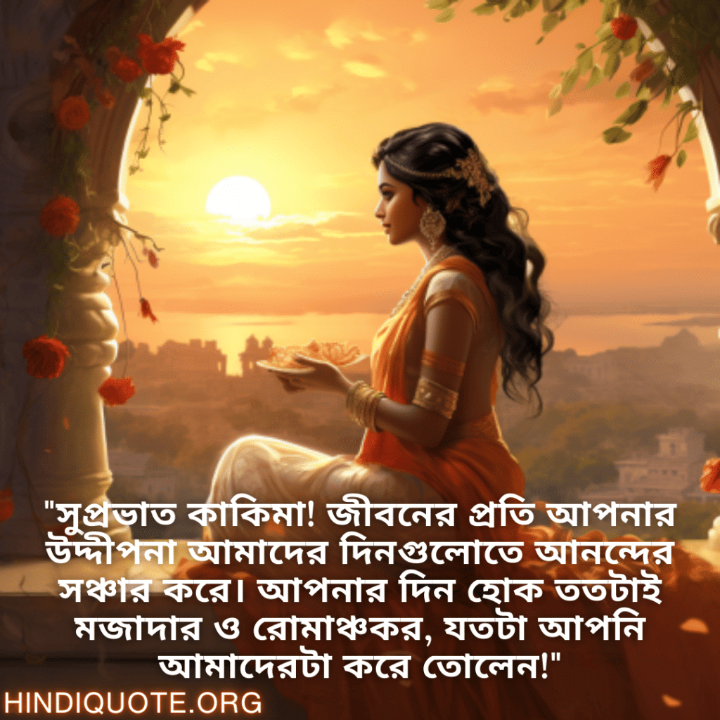"সুপ্রভাত কাকিমা! জীবনের প্রতি আপনার উদ্দীপনা আমাদের দিনগুলোতে আনন্দের সঞ্চার করে। আপনার দিন হোক ততটাই মজাদার ও রোমাঞ্চকর, যতটা আপনি আমাদেরটা করে তোলেন!"