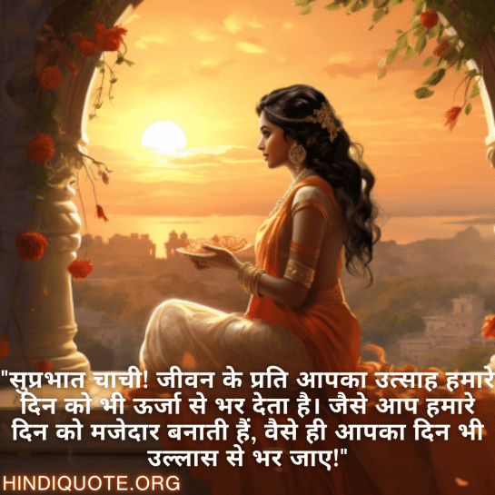 "सुप्रभात चाची! जीवन के प्रति आपका उत्साह हमारे दिन को भी ऊर्जा से भर देता है। जैसे आप हमारे दिन को मजेदार बनाती हैं, वैसे ही आपका दिन भी उल्लास से भर जाए!"