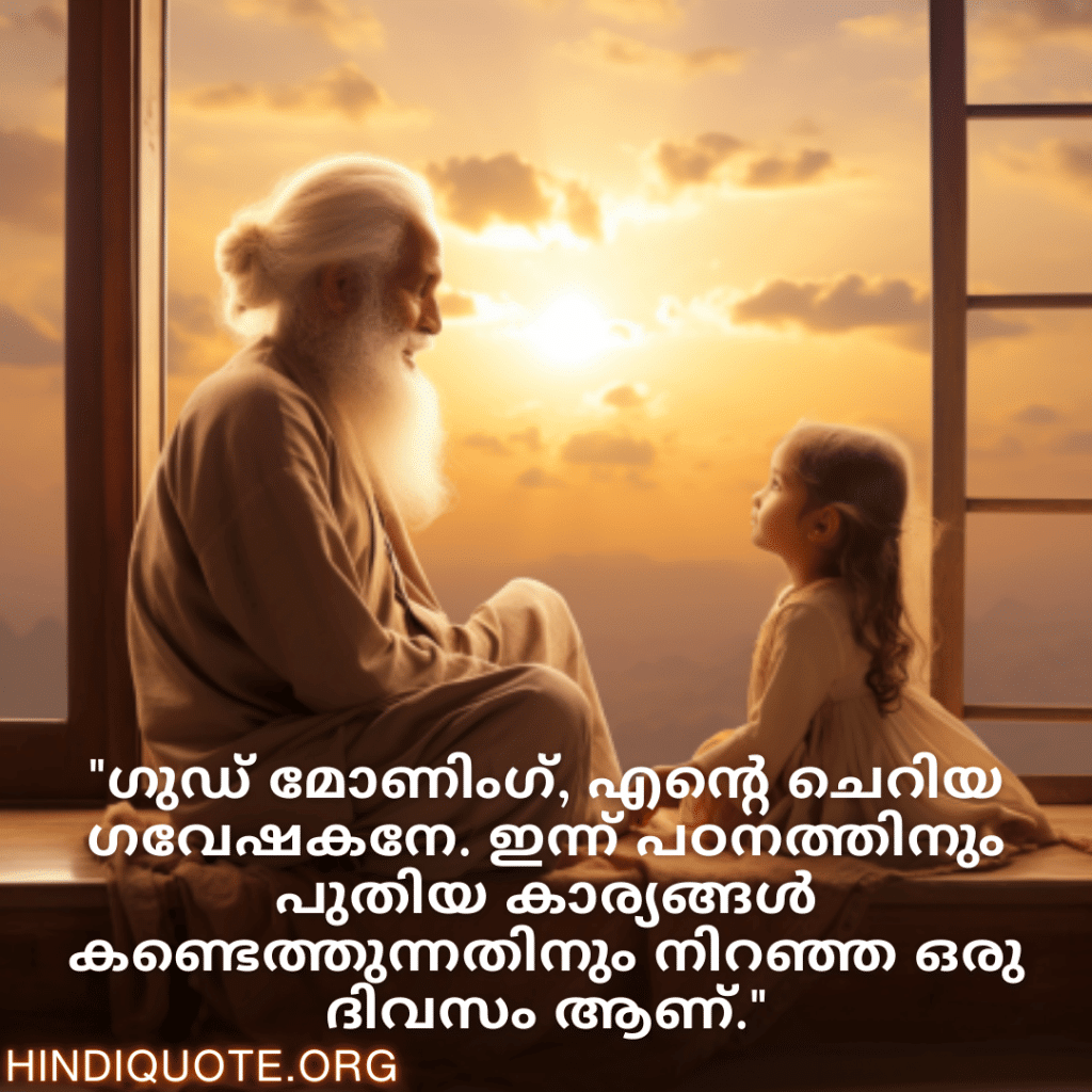 "ഗുഡ് മോണിംഗ്, എന്റെ ചെറിയ ഗവേഷകനേ. ഇന്ന് പഠനത്തിനും പുതിയ കാര്യങ്ങൾ കണ്ടെത്തുന്നതിനും നിറഞ്ഞ ഒരു ദിവസം ആണ്."