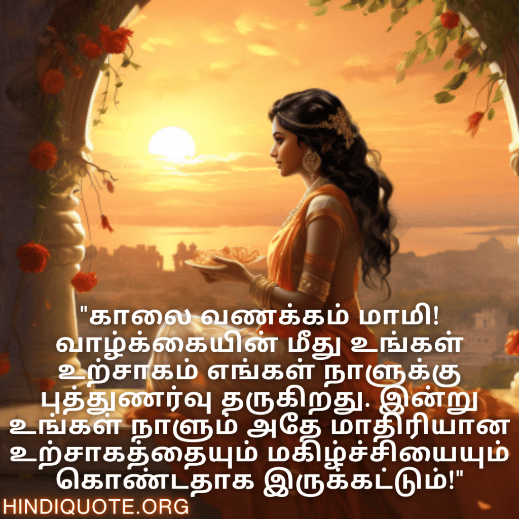 "காலை வணக்கம் மாமி! வாழ்க்கையின் மீது உங்கள் உற்சாகம் எங்கள் நாளுக்கு புத்துணர்வு தருகிறது. இன்று உங்கள் நாளும் அதே மாதிரியான உற்சாகத்தையும் மகிழ்ச்சியையும் கொண்டதாக இருக்கட்டும்!"