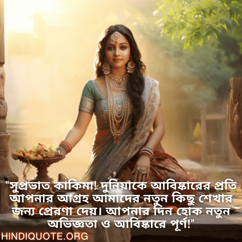 "সুপ্রভাত কাকিমা! দুনিয়াকে আবিষ্কারের প্রতি আপনার আগ্রহ আমাদের নতুন কিছু শেখার জন্য প্রেরণা দেয়। আপনার দিন হোক নতুন অভিজ্ঞতা ও আবিষ্কারে পূর্ণ!"