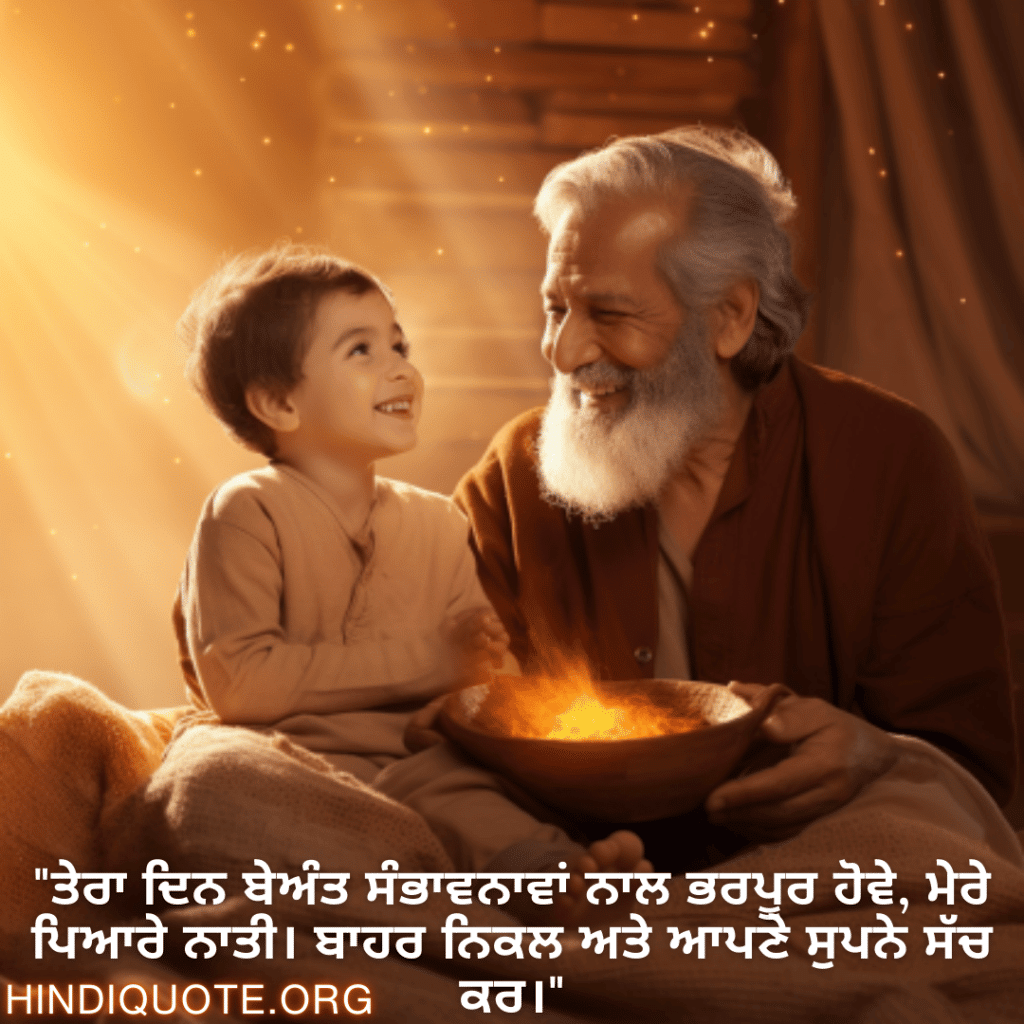 "ਤੇਰਾ ਦਿਨ ਬੇਅੰਤ ਸੰਭਾਵਨਾਵਾਂ ਨਾਲ ਭਰਪੂਰ ਹੋਵੇ, ਮੇਰੇ ਪਿਆਰੇ ਨਾਤੀ। ਬਾਹਰ ਨਿਕਲ ਅਤੇ ਆਪਣੇ ਸੁਪਨੇ ਸੱਚ ਕਰ।"