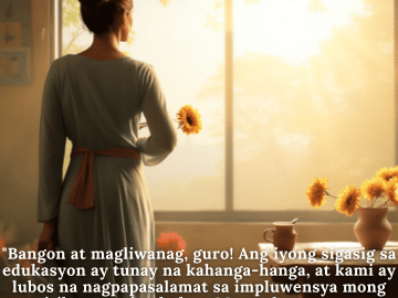 "Bangon at magliwanag, guro! Ang iyong sigasig sa edukasyon ay tunay na kahanga-hanga, at kami ay lubos na nagpapasalamat sa impluwensya mong positibo sa aming buhay. Magandang umaga at sana'y maging maganda ang iyong araw!"