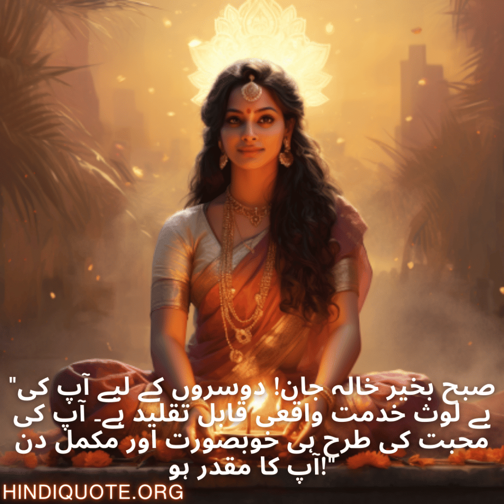 "صبح بخیر خالہ جان! دوسروں کے لیے آپ کی بے لوث خدمت واقعی قابل تقلید ہے۔ آپ کی محبت کی طرح ہی خوبصورت اور مکمل دن آپ کا مقدر ہو!"