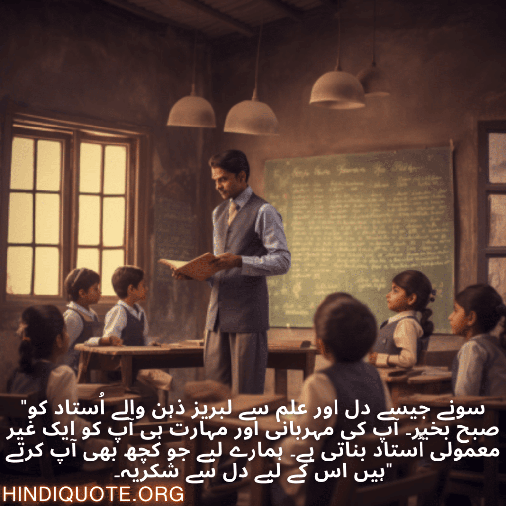 "سونے جیسے دل اور علم سے لبریز ذہن والے اُستاد کو صبح بخیر۔ آپ کی مہربانی اور مہارت ہی آپ کو ایک غیر معمولی اُستاد بناتی ہے۔ ہمارے لیے جو کچھ بھی آپ کرتے ہیں اس کے لیے دل سے شکریہ۔"