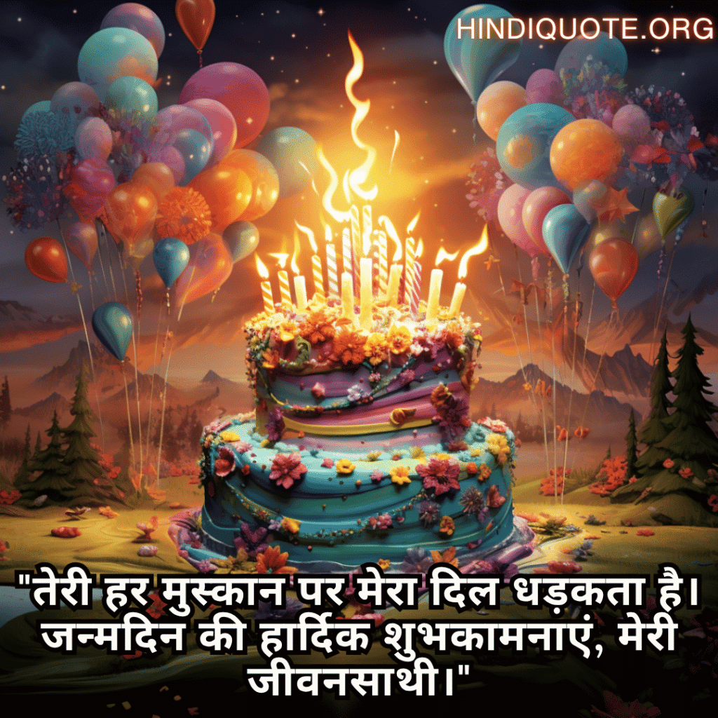 Happy Birthday Wishes In Hindi For Your Wife "तेरी हर मुस्कान पर मेरा दिल धड़कता है। जन्मदिन की हार्दिक शुभकामनाएं, मेरी जीवनसाथी।"