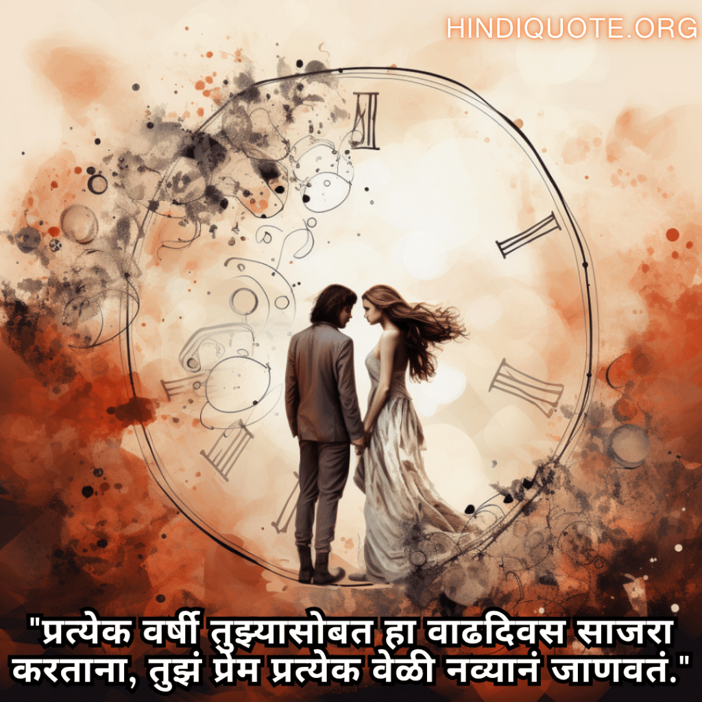 Romantic Quotes In Marathi For Your Anniversary "प्रत्येक वर्षी तुझ्यासोबत हा वाढदिवस साजरा करताना, तुझं प्रेम प्रत्येक वेळी नव्यानं जाणवतं."