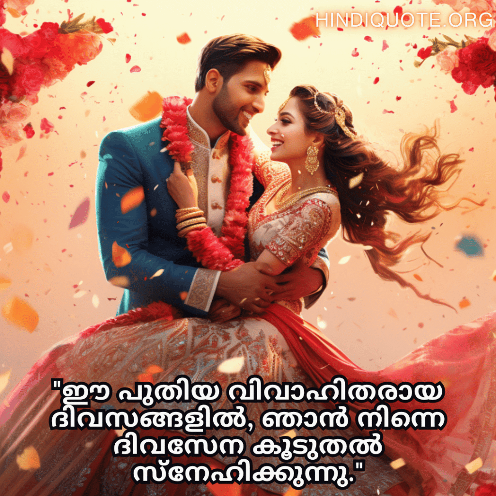 Romantic Quotes In Malayalam For Newlyweds "ഈ പുതിയ വിവാഹിതരായ ദിവസങ്ങളിൽ, ഞാൻ നിന്നെ ദിവസേന കൂടുതൽ സ്നേഹിക്കുന്നു."