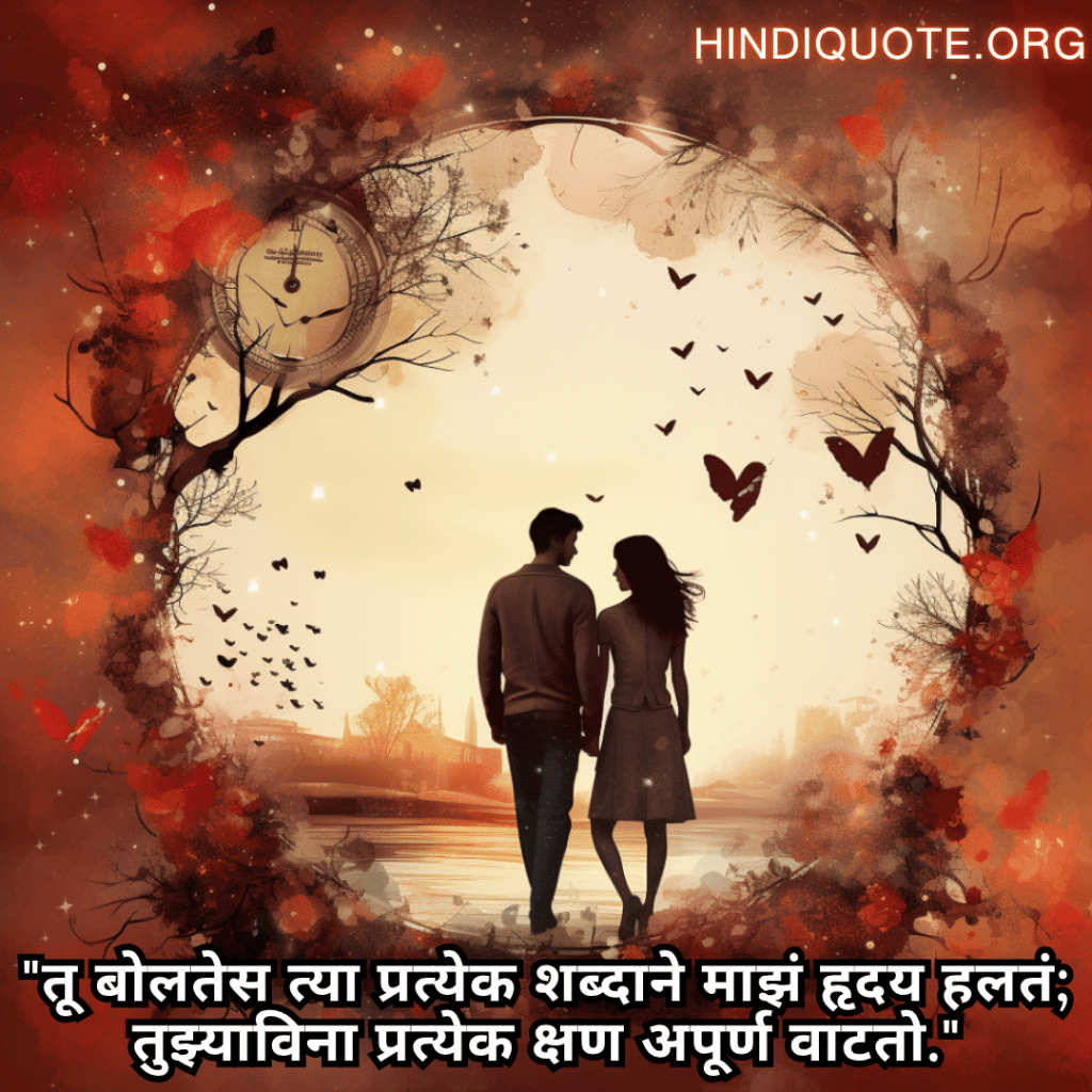 Romantic Shayari In Marathi For Your Girlfriend "तू बोलतेस त्या प्रत्येक शब्दाने माझं हृदय हलतं; तुझ्याविना प्रत्येक क्षण अपूर्ण वाटतो."