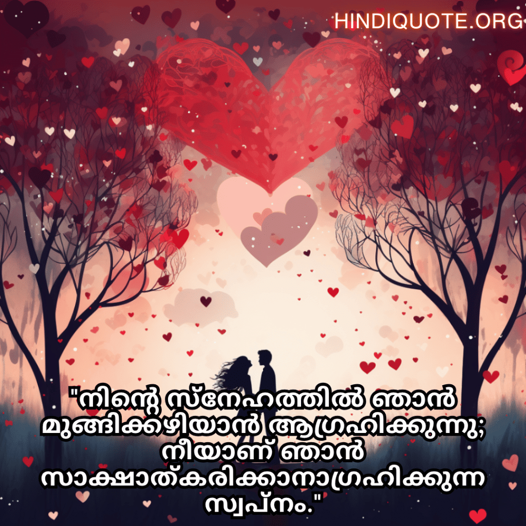 Romantic Quotes In Malayalam For Your Wife "നിന്റെ സ്‌നേഹത്തിൽ ഞാൻ മുങ്ങിക്കഴിയാൻ ആഗ്രഹിക്കുന്നു; നീയാണ് ഞാൻ സാക്ഷാത്കരിക്കാനാഗ്രഹിക്കുന്ന സ്വപ്‌നം."