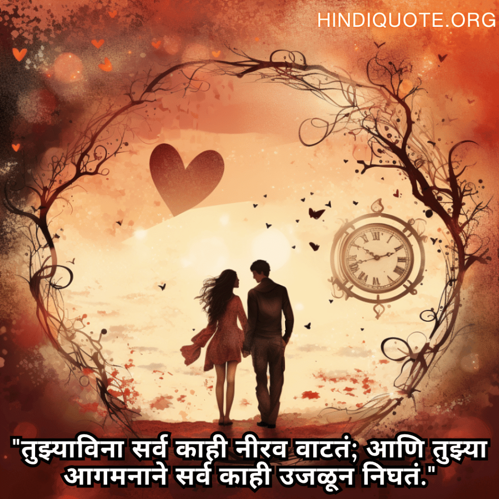 Romantic Shayari In Marathi For Your Girlfriend "तुझ्याविना सर्व काही नीरव वाटतं; आणि तुझ्या आगमनाने सर्व काही उजळून निघतं."
