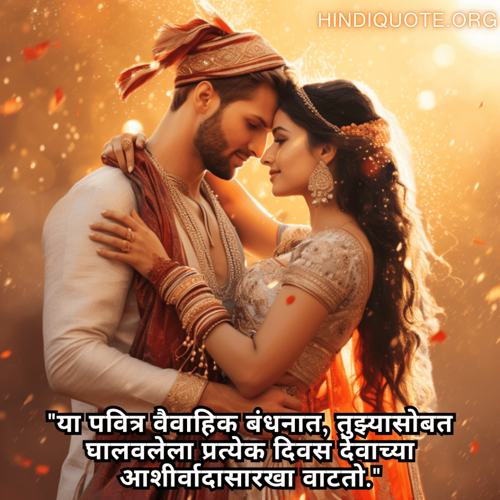 Romantic Quotes In Marathi For Newlyweds "या पवित्र वैवाहिक बंधनात, तुझ्यासोबत घालवलेला प्रत्येक दिवस देवाच्या आशीर्वादासारखा वाटतो."