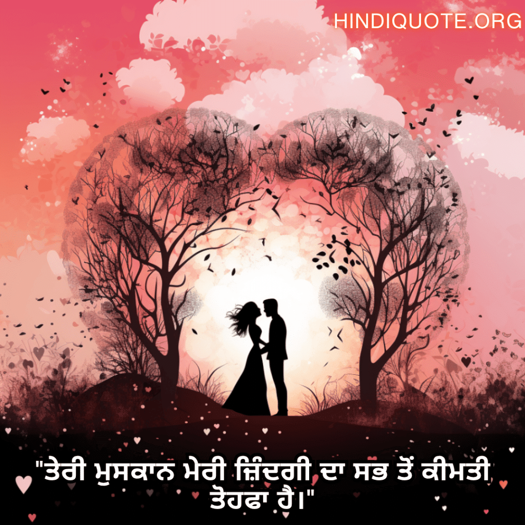 Romantic Shayari In Punjabi For Your Fiancé "ਤੇਰੀ ਮੁਸਕਾਨ ਮੇਰੀ ਜ਼ਿੰਦਗੀ ਦਾ ਸਭ ਤੋਂ ਕੀਮਤੀ ਤੋਹਫਾ ਹੈ।"