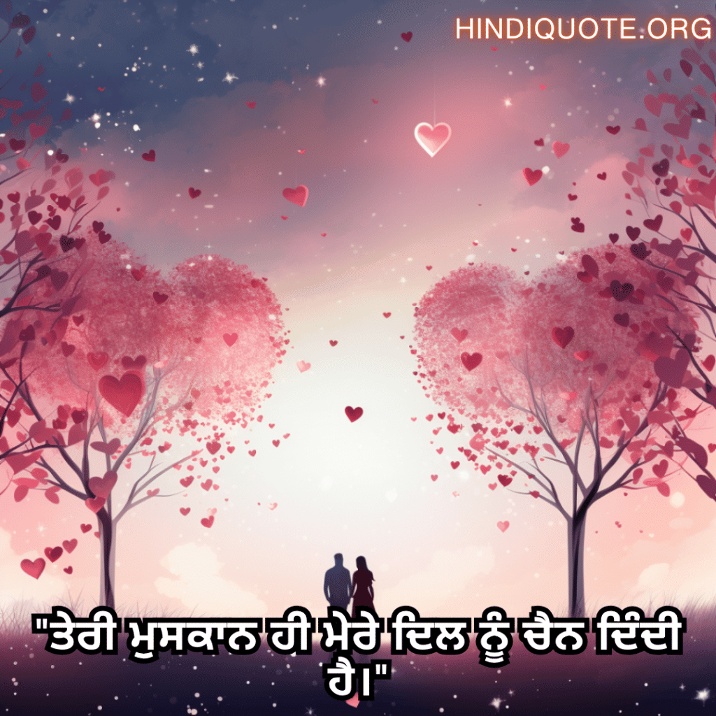 Romantic Shayari In Punjabi For Your Husband "ਤੇਰੀ ਮੁਸਕਾਨ ਹੀ ਮੇਰੇ ਦਿਲ ਨੂੰ ਚੈਨ ਦਿੰਦੀ ਹੈ।"